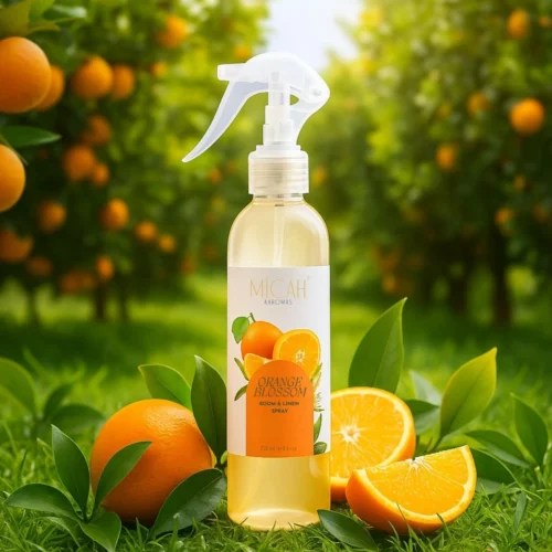 Orange Blossom Room and Linen Spray by Micah Aaromas citrus fragrance bottle
