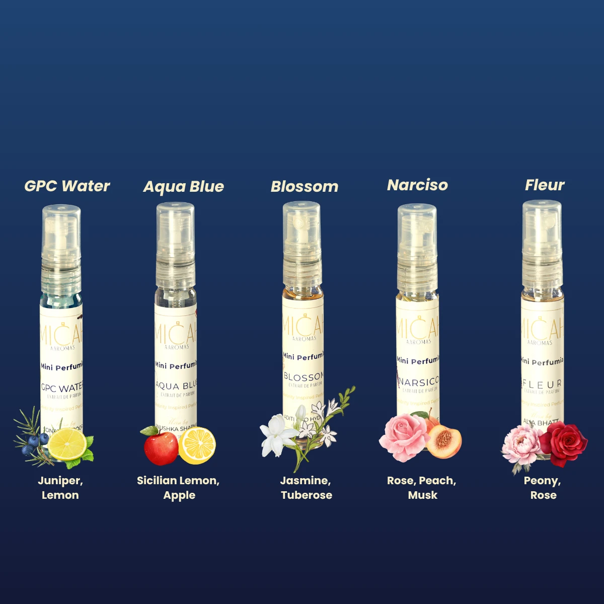 Mini perfume collection for women featuring Fleur Aqua Blue Blossom GPC Water Narsico celebrity inspired fragrances